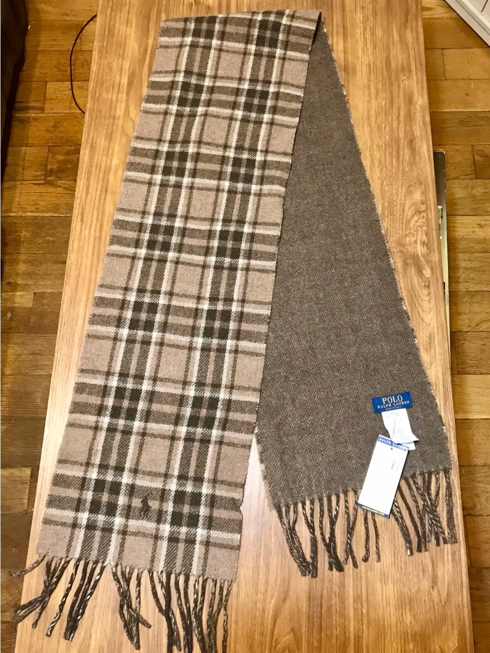 Polo by Ralph Lauren Brown Plaid Reversible Italian Wool Scarf NWT